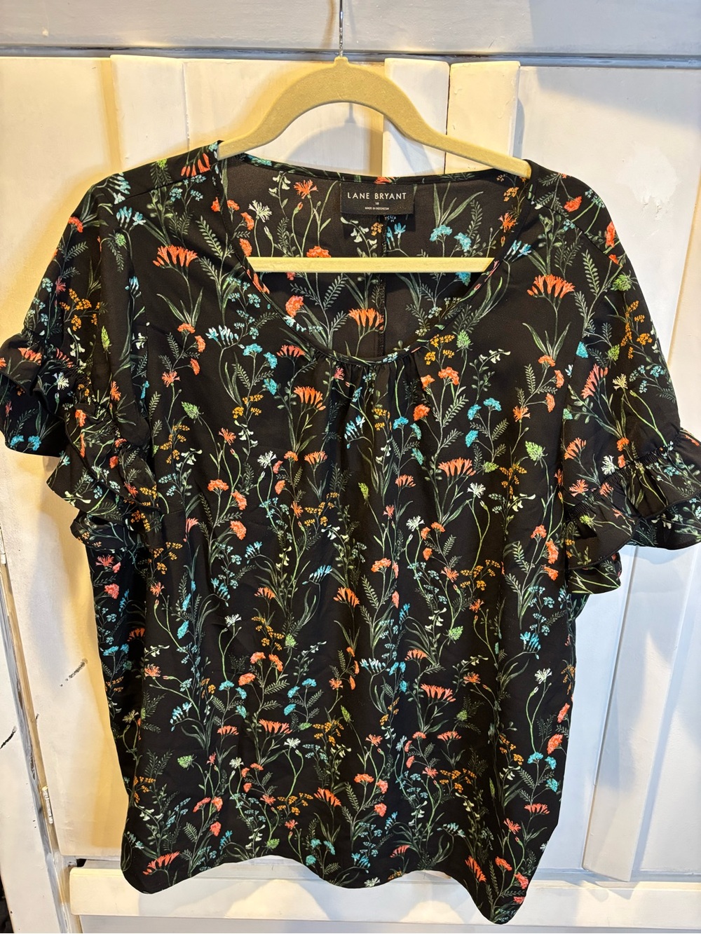 Lane Bryant Black Floral Tie-Neck Ruffle Sleeve Blouse